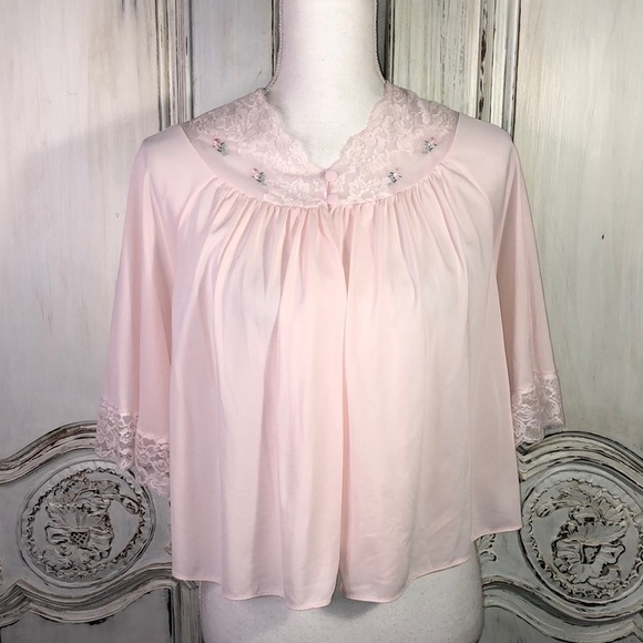Shadow Line VINTAGE Soft Pink Lace and Embroidery Crop Sleeve Bed Jacket Size S - Picture 1 of 11
